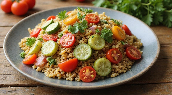 Una ensalada colorida de quinoa con verduras mediterráneas.