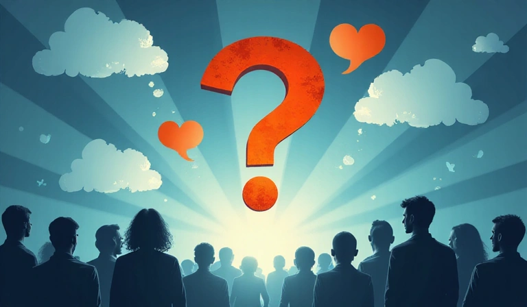Signo de interrogación estilizado flotando en el aire con un brillo suave, rodeado de burbujas de pensamiento y personas conversando en el fondo, transmitiendo curiosidad y búsqueda de respuestas.