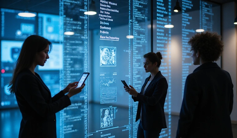 Personas interactuando con dispositivos digitales, mostrando el uso de datos para mejorar la experiencia del usuario